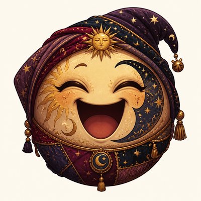 an exaggerated laughing face of an original round mascot character, bold and readable at small size, plain background, no text