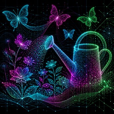 a garden scene with butterflies, flowers and a watering can, clean uncolored line art, no text