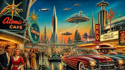 bustling city street panorama at dusk