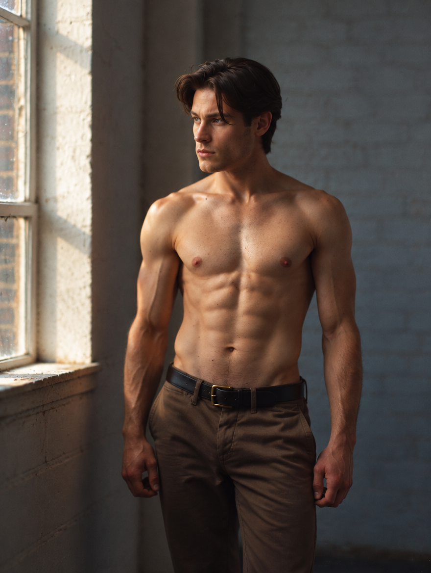 a shirtless man standing in front of a window