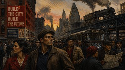 bustling city street panorama at dusk