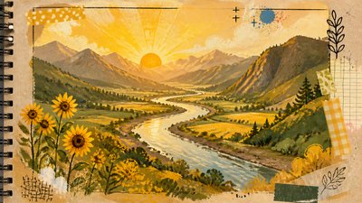 a vast valley with a river winding toward distant mountains at sunrise, no people, no text