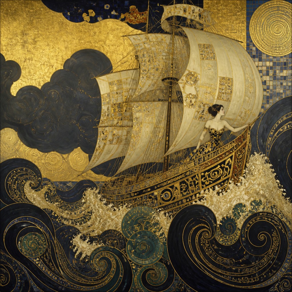 sailing ship on a stormy sea — Austrian Art Style