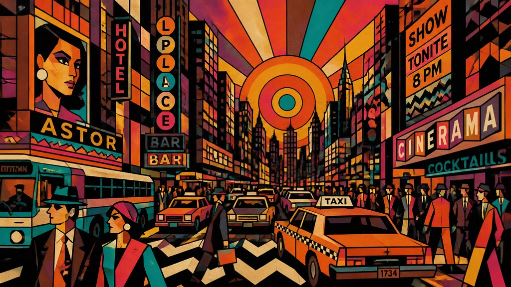 bustling city street panorama at dusk