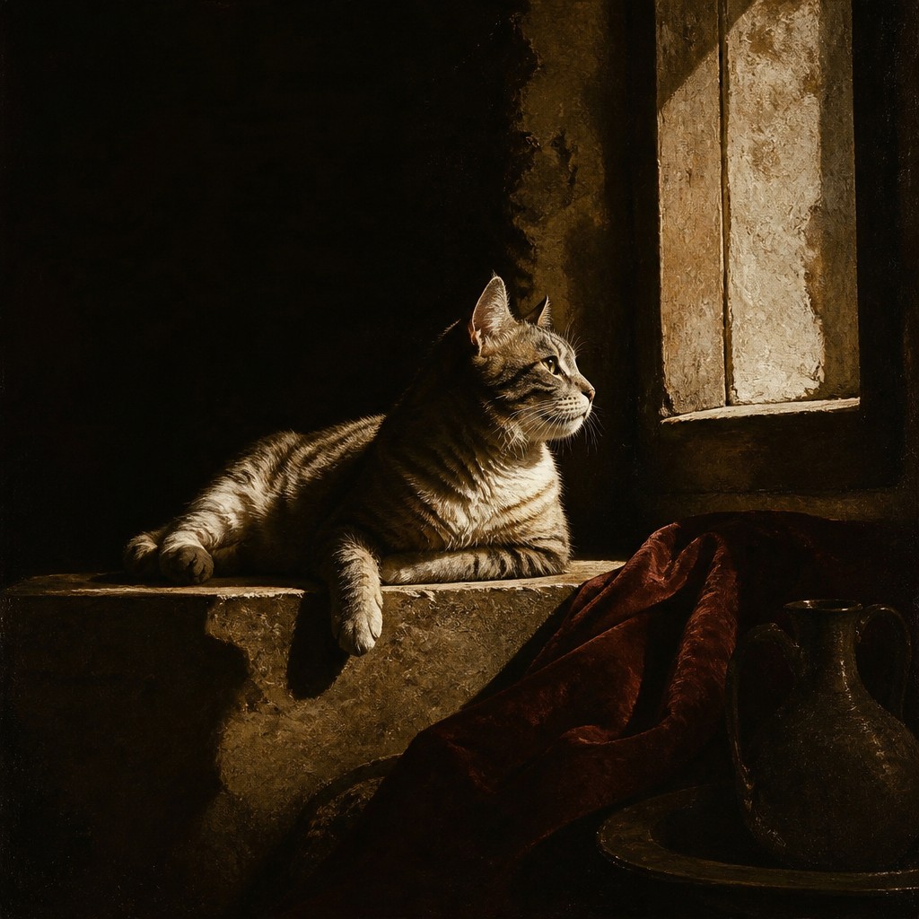 a cat lounging in a sunlit window