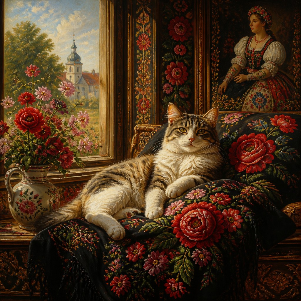 a cat lounging in a sunlit window — Hungarian Art Style