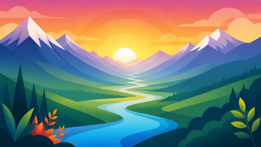a vast valley with a river winding toward distant mountains at sunrise, no people, no text