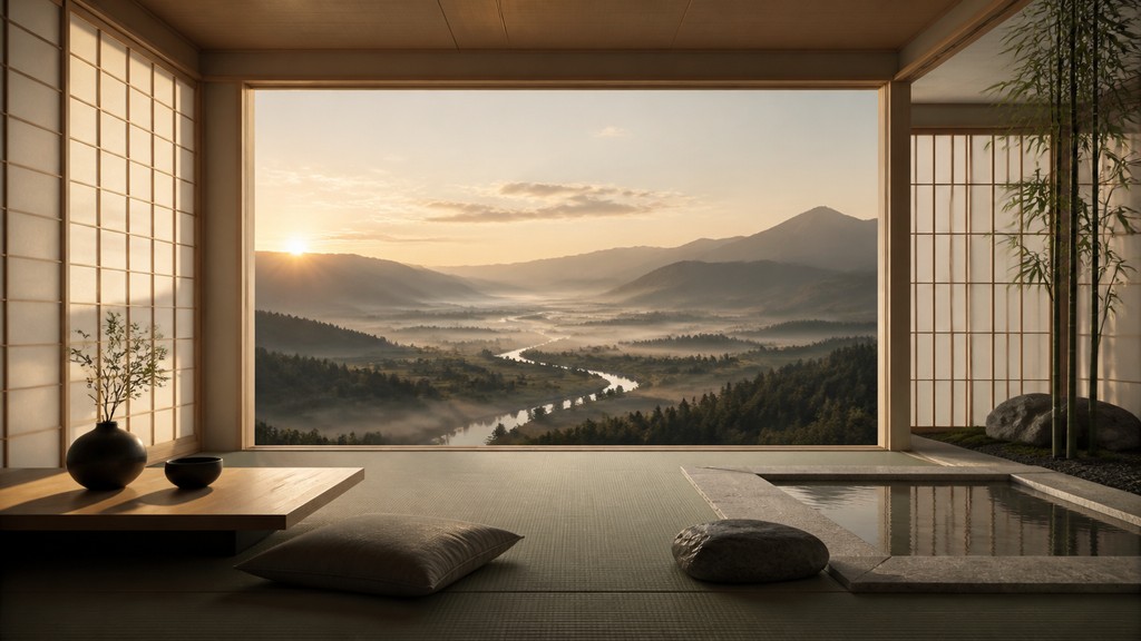 a vast valley with a river winding toward distant mountains at sunrise, no people, no text