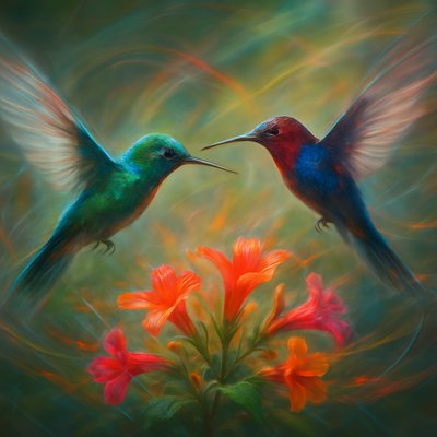 A breathtaking and dynamic close-up scene depicting two iridescent hummingbirds engaged in a vigorous mid-air duel over a cluster of vibrant, nectar-rich flowers. Their tiny wings are blurred into translucent arcs of motion, a testament to their incredible speed and agility, creating a frantic, energetic atmosphere.

One hummingbird, perhaps a brilliant emerald green, lunges forward, while the other, possibly a fiery ruby red or shimmering blue, hovers defensively, their long beaks pointed towards each other in a fierce territorial display. Their tiny, intense eyes are sharply focused on their opponent.

They are positioned directly above or fiercely guarding a cluster of brightly colored, inviting flowers, such as trumpet vines, fuchsias, or salvia, which are depicted with exquisite detail and rich, saturated hues, dripping with nectar. The background is a soft, dreamlike blur of lush green foliage and dappled sunlight, keeping the focus entirely on the intense aerial ballet. The lighting is bright and dramatic, catching the metallic sheen of their feathers and emphasizing their jewel-like colors. The overall mood is one of intense energy, fierce beauty, and natural competition dynamic illustration. hyperrealistic digital painting, intricate feather detail, luminous iridescent colors, dynamic composition, detailed flowers, energetic brushwork (for motion)
