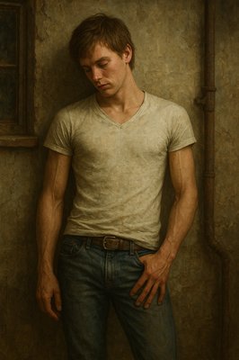 a painting of a man standing in front of a window