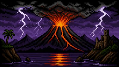 an erupting volcano with lightning strikes, dramatic wide composition, no text