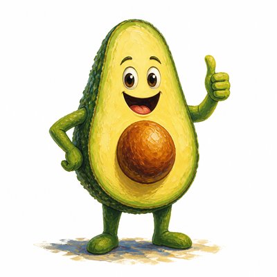 a happy avocado character giving a thumbs up, bold readable design on a plain background, no text