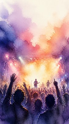 a live music scene with a glowing stage and silhouetted crowd, energetic vertical composition with open space at the top, no text
