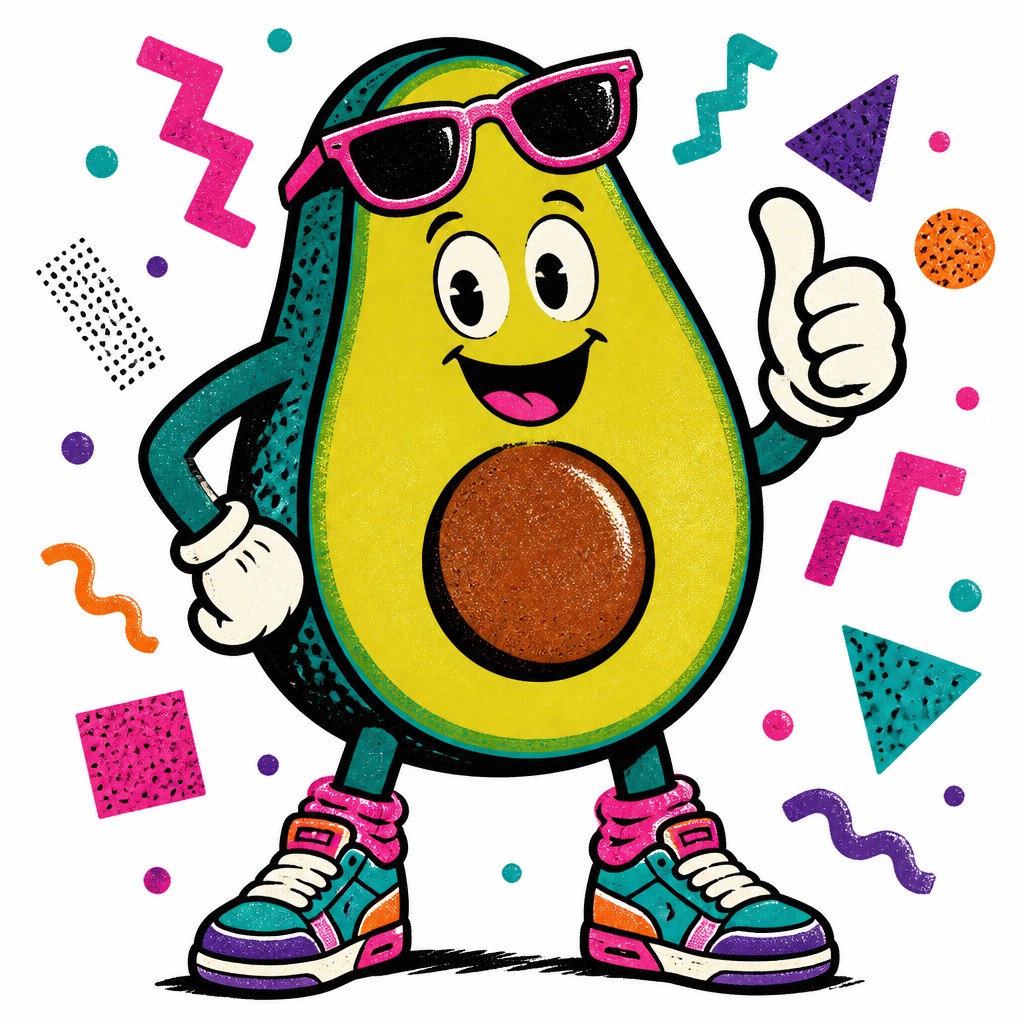 a happy avocado character giving a thumbs up, bold readable design on a plain background, no text