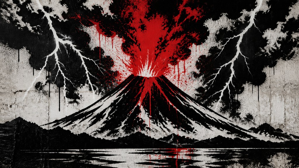 an erupting volcano with lightning strikes, dramatic wide composition, no text