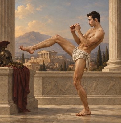 a painting of a man standing on one leg