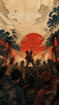 a live music scene with a glowing stage and silhouetted crowd, energetic vertical composition with open space at the top, no text