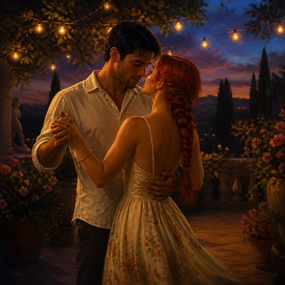 an original couple dancing under string lights in a garden at dusk: a man with short black hair in a linen shirt and a woman with braided red hair in a summer dress