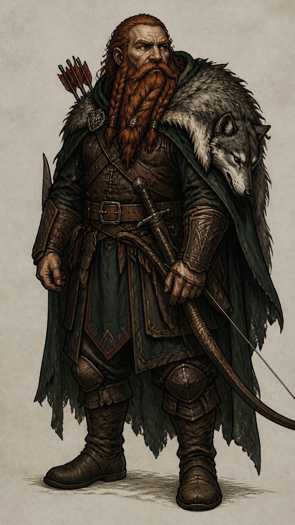 full-body original character: a dwarven ranger with a braided auburn beard, worn leather armor, a longbow and a wolf-pelt cloak, neutral background, no text