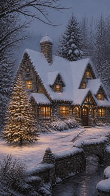a snow-covered cottage with warm glowing windows beside a decorated pine tree, gentle snowfall, no text