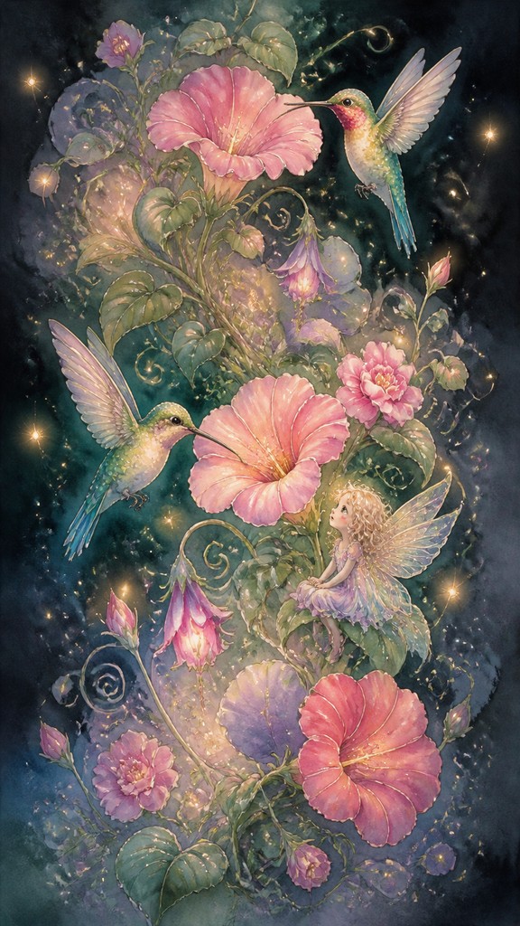 a climbing vine of flowers and hummingbirds on a dark background, tall wrapping composition, no text