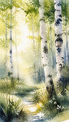 a serene birch forest in soft morning light, no people, no text