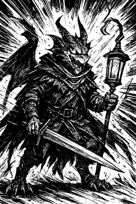 a painting of a demon holding a sword and a lantern