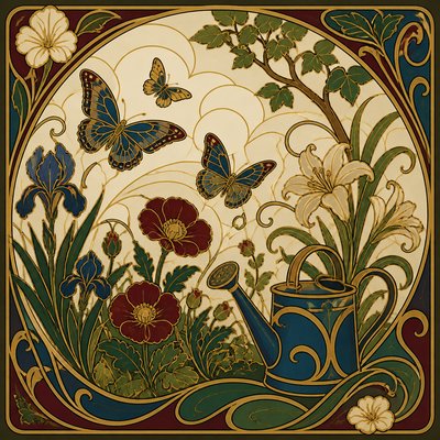 a garden scene with butterflies, flowers and a watering can, clean uncolored line art, no text