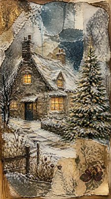 a snow-covered cottage with warm glowing windows beside a decorated pine tree, gentle snowfall, no text