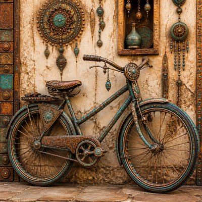 bicyle resting against a wall — Bohemian Jewelry Design