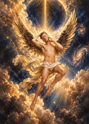 a painting of a man with angel wings in the sky