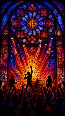 a live music scene with a glowing stage and silhouetted crowd, energetic vertical composition with open space at the top, no text