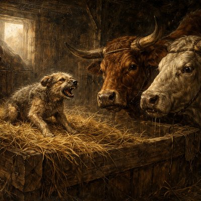 19th-Century Naturalistic Oil Painting Style, Rich Earth Tones, Rustic Textures and dramatic barn lighting. A tense, detailed scene inside an old, timber-framed stable at midday.

The Antagonist (The Dog): Right in the center of a large, rough wooden manger overflowing with golden, dry hay, a scruffy, snarling terrier-mix dog is curled up aggressively. Its teeth are bared in a vicious snap, its hackles are raised, and its eyes are fixed selfishly on the intruders.

The Victims (The Oxen): Two massive, powerful oxen with large yokes and gentle, hungry eyes are leaning over the manger rail. Their huge heads are close to the hay, but they are recoiling slightly from the snapping dog. One ox has drool dripping from its mouth, looking at the hay with desperation and confusion. The size difference between the massive heads of the oxen and the small, spiteful dog is emphasized.

The Atmosphere: A strong shaft of natural sunlight cuts through an open barn door, illuminating dancing dust motes and highlighting the textures of the straw, the rough wood grain of the manger, and the matted fur of the dog. The rest of the barn is in warm shadow.