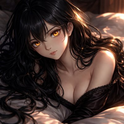 The Lighting: Deep, moody shadows with a warm, golden highlight on the skin.
The Features: Intense, luminous golden amber eyes, a button-shaped nose, and voluminous, midnight-black hair that creates a strong contrast with pale skin.
The Atmosphere: A soft-focus, dreamy, and luxurious setting.