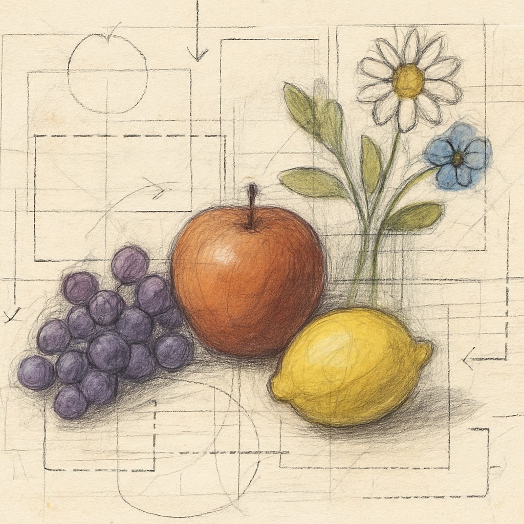 still life arrangement of fruits and flowers