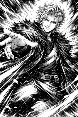 a black and white drawing of a man with a sword