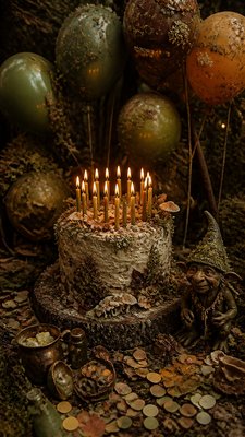 a birthday cake with lit candles surrounded by balloons and confetti, festive vertical composition, no text