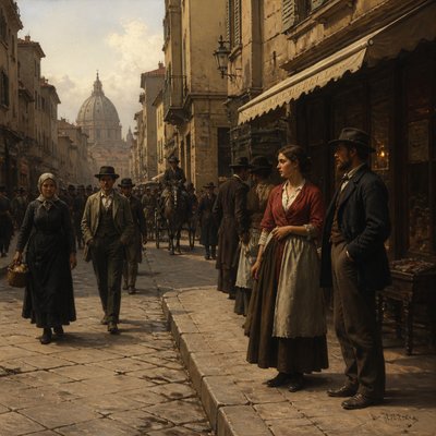 urban street with city activity — Classical Realist Figurative Art Style