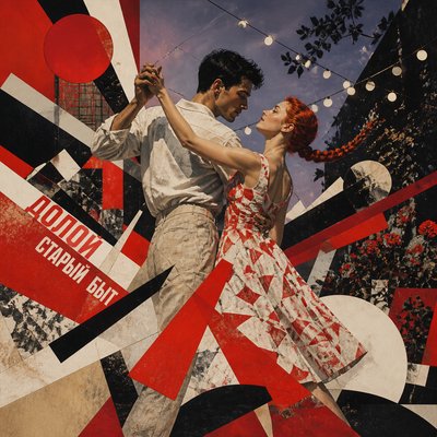 an original couple dancing under string lights in a garden at dusk: a man with short black hair in a linen shirt and a woman with braided red hair in a summer dress