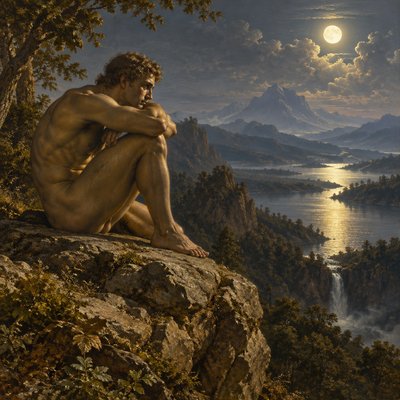 ancient greek athlete without clothing sits curled up on a rock under the moonlight