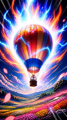 a hot air balloon drifting over rolling flower fields on a sunny day, cheerful, no text