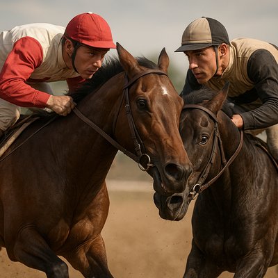 Seabiscuit vs. War Admiral (The Gaze)

    A hyper-realistic, high-resolution photograph capturing the apex of the 1938 match race between Seabiscuit and War Admiral.

    Focus: The composition is tight, showing both horses running neck-and-neck, dominating the frame. The camera angle is side-on and slightly low, emphasizing their size and muscle. The critical focus is on the space between the horses' heads as they are running stride for stride.

    Details: War Admiral (the dark bay) should show determination and slight surprise, with his head stretched out. Seabiscuit (the smaller bay) should display his characteristic "game" look—intense, focused, and seemingly looking directly into War Admiral's eyes (or toward his rival). Both jockeys (Red Pollard or George Woolf for Seabiscuit; Charles Kurtsinger for War Admiral) are visible, leaning low and urging their mounts on.

    Atmosphere: The light should be bright but slightly diffused, suggesting an autumn afternoon at Pimlico. Dust and track debris are kicked up behind them, blurred slightly by the horses' tremendous speed. The image must convey the raw power, intense rivalry, and the exact moment when the smaller horse asserts his dominance.

    Style: Cinematic photography, realistic texture, sharp focus on the horses' eyes and muscle definition.