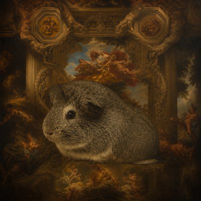 a small rodent sitting in front of a painting