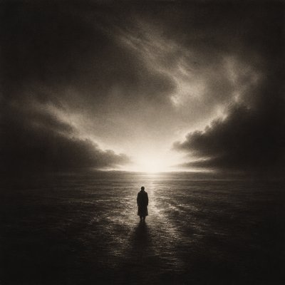 a solitary figure walking toward a glowing horizon across an empty plain, moody atmosphere, no text or lettering