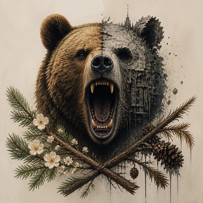 a roaring bear head above crossed pine branches, bold graphic composition on a plain background, no text