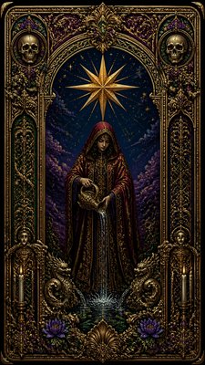 a robed figure pouring water beneath a large eight-pointed star in a night sky, symmetrical composition with an ornate decorative border, no text