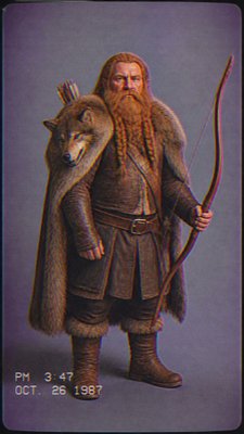 full-body original character: a dwarven ranger with a braided auburn beard, worn leather armor, a longbow and a wolf-pelt cloak, neutral background, no text