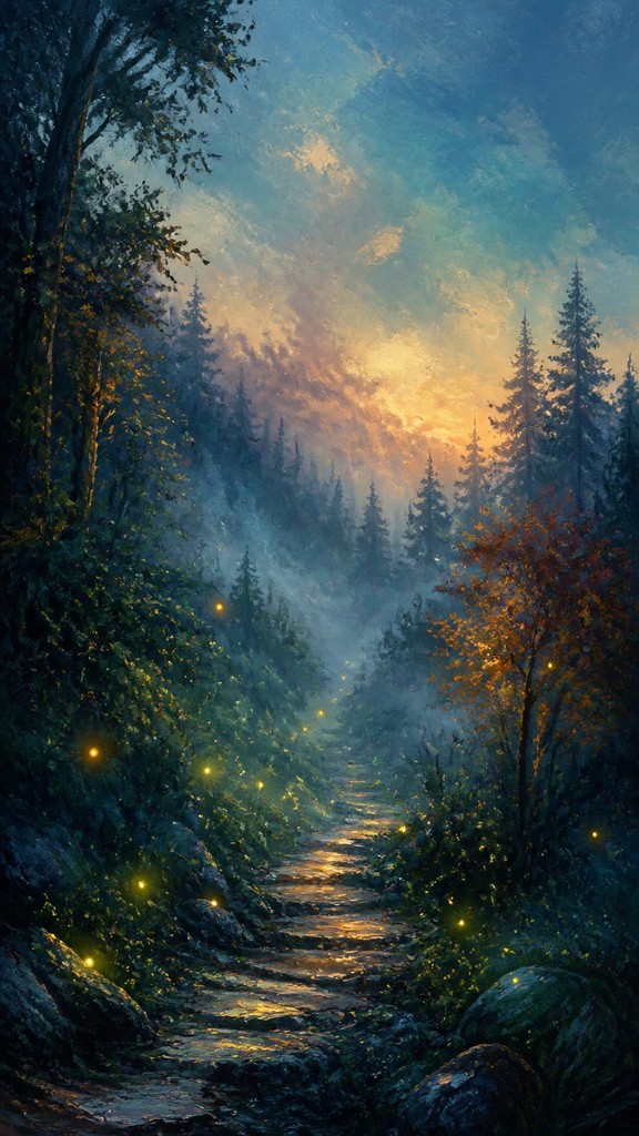a mysterious forest path with fireflies and drifting mist, atmospheric vertical composition with open space at the top, no text