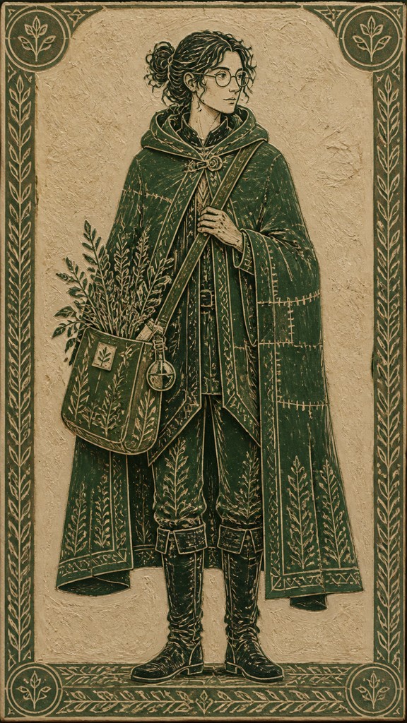 full-body original character: a wandering botanist with a satchel of plants, a patched green cloak, tall boots and round glasses, neutral background
