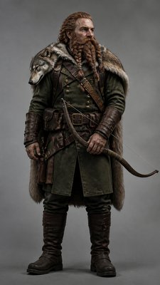 full-body original character: a dwarven ranger with a braided auburn beard, worn leather armor, a longbow and a wolf-pelt cloak, neutral background, no text